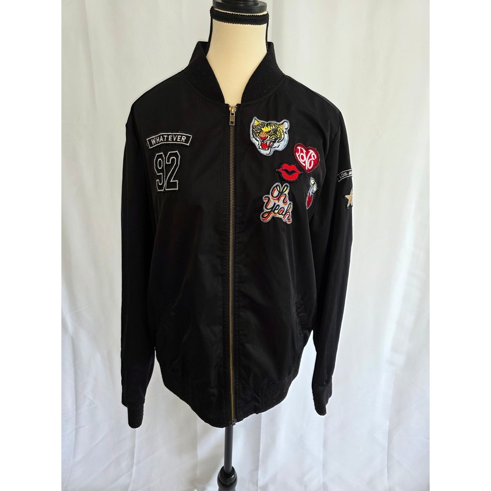 Torrid Women Black Bomber Jacket Patches‎ Tiger Lips LA 92 "Whatever" Size 0